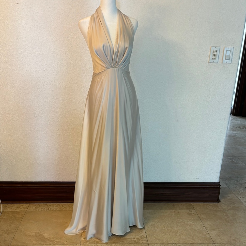 White/ Off White Sleeveless Halter Backless Gown